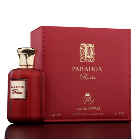 Fragrance World Paradox Rossa EDP 100 ml — produkt a balení; velmi detailní záběr; na tmavém pozadí
