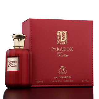 Fragrance World Paradox Rossa EDP 100 ml — produkt a balení; velmi detailní záběr; na tmavém pozadí