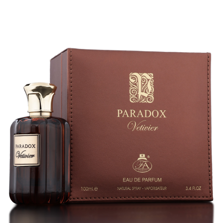 Fragrance World Paradox Vetiver EDP 100 ml — товар и упаковка; очень крупный план; на тёмном фоне