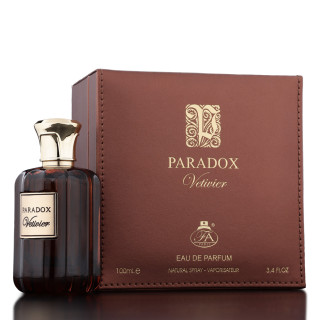 Fragrance World Paradox Vetiver EDP 100 ml — товар и упаковка; очень крупный план; на тёмном фоне