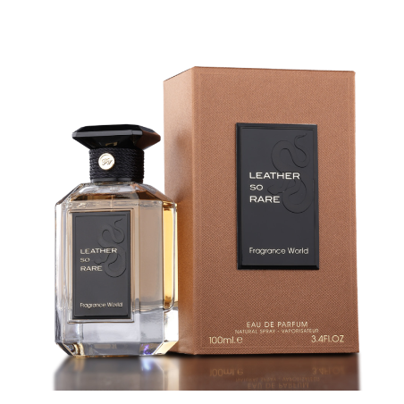 Fragrance World Leather so rare EDP 100 ml — toode ja pakend; väga lähivõte; heledal taustal