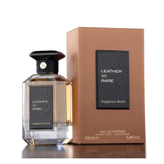 Fragrance World Leather so rare EDP 100 ml — toode ja pakend; väga lähivõte; heledal taustal