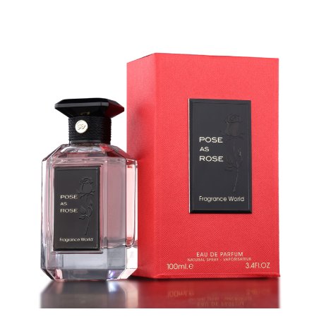 Fragrance World Pose as rose EDP 100 ml — toode ja pakend; lähivaade; valgel taustal; lähim kadreering