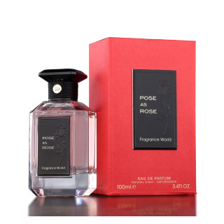 Fragrance World Pose as rose EDP 100 ml — toode ja pakend; lähivaade; valgel taustal; lähim kadreering
