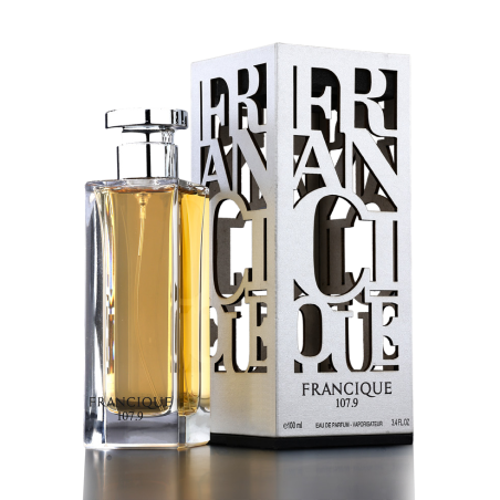 Fragrance World Francique 107.9 EDP 100 ml — toote vaade; lähivaade; tumedal taustal