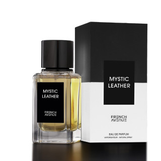 Fragrance World Mystic Leather EDP 100 ml — товар и упаковка; крупный план; на тёмном фоне