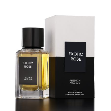 Fragrance World Exotic Rose EDP 100 ml — toode ja pakend; lähivaade; tumedal taustal