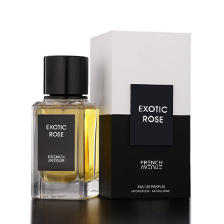 Fragrance World Exotic Rose EDP 100 ml — toode ja pakend; lähivaade; tumedal taustal
