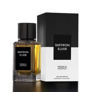 Fragrance World Saffron Elixir EDP 100 ml — product en verpakking; close-up; op een witte achtergrond; meest nabije kadrering