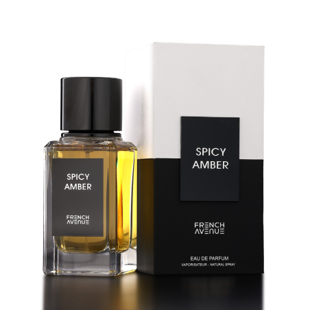 Fragrance World Spicy Amber EDP 100 ml — изображение товара; крупный план; на тёмном фоне