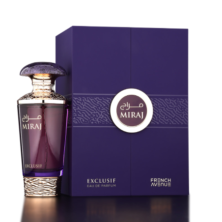 Fragrance World Miraj Exclusif EDP 100 ml — product en verpakking; zeer nabije close-up; op een lichte achtergrond