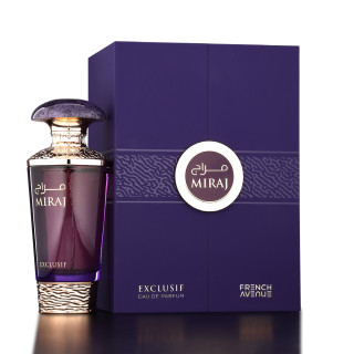 Fragrance World Miraj Exclusif EDP 100 ml — product en verpakking; zeer nabije close-up; op een lichte achtergrond