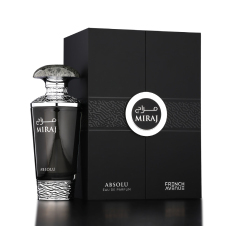 Fragrance World Miraj Absolu EDP 100 ml — product en verpakking; close-up; op een donkere achtergrond
