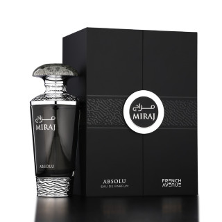 Fragrance World Miraj Absolu EDP 100 ml — product en verpakking; close-up; op een donkere achtergrond
