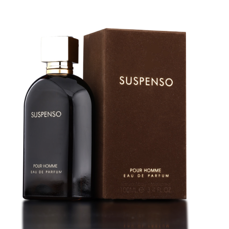 Fragrance World Suspenso EDP 100 ml — товар и упаковка; крупный план; на тёмном фоне