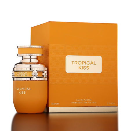 Fragrance World Tropical Kiss EDP 80 ml — продукт и опаковка; много близък план; на тъмен фон