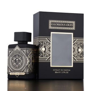 Fragrance World Glorious Oud Extrait de Parfum 80 ml — toode ja pakend; väga lähivõte; valgel taustal; lähim kadreering
