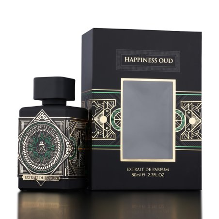 Fragrance World Happiness Oud Extrait de Parfum 80 ml — упаковка товара; очень крупный план; на белом фоне; самый близкий кадр