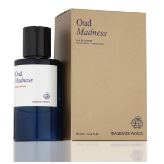 Oud Madness EDP 60 ml — product en verpakking; zeer nabije close-up; op een witte achtergrond; meest nabije kadrering