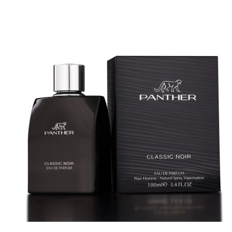 Fragrance World Panther Classic Noir EDP 100 ml — vedere a produsului; prim-plan foarte apropiat; pe fundal alb