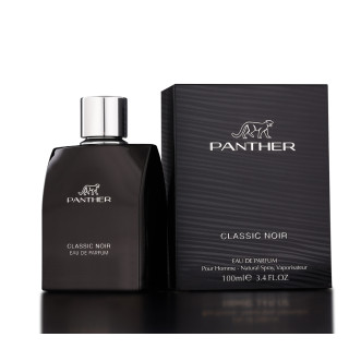 Fragrance World Panther Classic Noir EDP 100 ml — vedere a produsului; prim-plan foarte apropiat; pe fundal alb