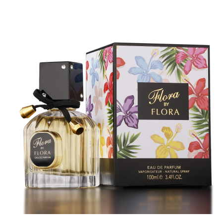 Fragrance World Flora by Flora EDP 100 ml — toode ja pakend; väga lähivõte; valgel taustal; lähim kadreering