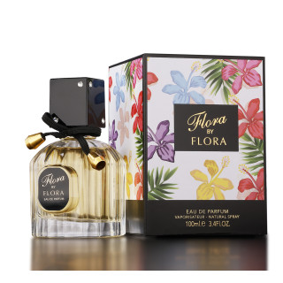 Fragrance World Flora by Flora EDP 100 ml — toode ja pakend; väga lähivõte; valgel taustal; lähim kadreering