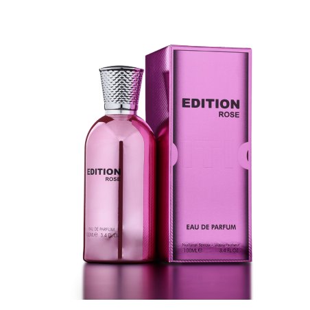 Fragrance World Edition Rose EDP 100 ml — produkt a balení; detail; na bílém pozadí; nejbližší záběr