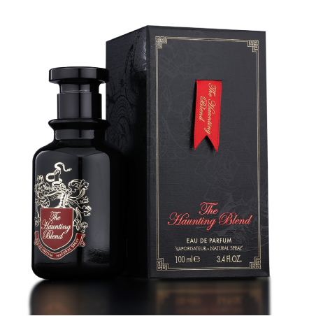 Fragrance World The Haunting Blend EDP 100 ml — toode ja pakend; lähivaade; tumedal taustal