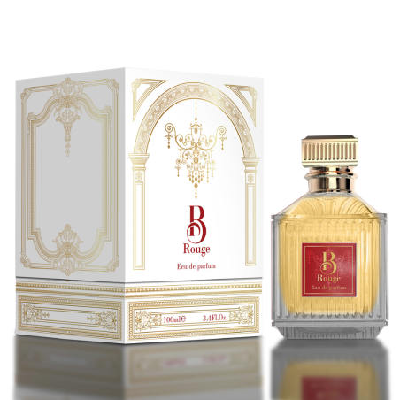 Fragrance World B Rouge EDP 100 ml — toote vaade; väga lähivõte; tumedal taustal