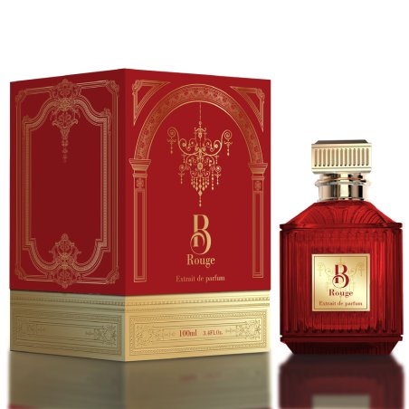 Fragrance World B Rouge Extrait EDP 100 ml — упаковка товара; очень крупный план; на светлом фоне