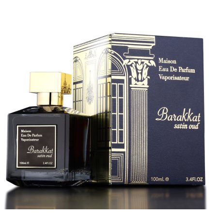 Fragrance World Barakkat Satin Oud EDP 100 ml — toode ja pakend; väga lähivõte; valgel taustal; lähim kadreering