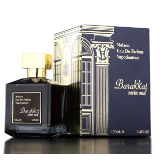 Fragrance World Barakkat Satin Oud EDP 100 ml — toode ja pakend; väga lähivõte; valgel taustal; lähim kadreering