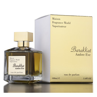 Fragrance World Barakkat Ambre Eve EDP 100 ml — toode ja pakend; lähivaade; valgel taustal; lähim kadreering