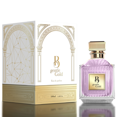 Fragrance World B Gentle Gold EDP 100 ml — toode ja pakend; väga lähivõte; tumedal taustal