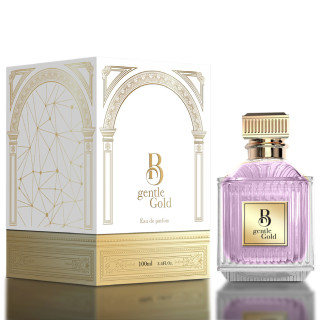 Fragrance World B Gentle Gold EDP 100 ml — toode ja pakend; väga lähivõte; tumedal taustal