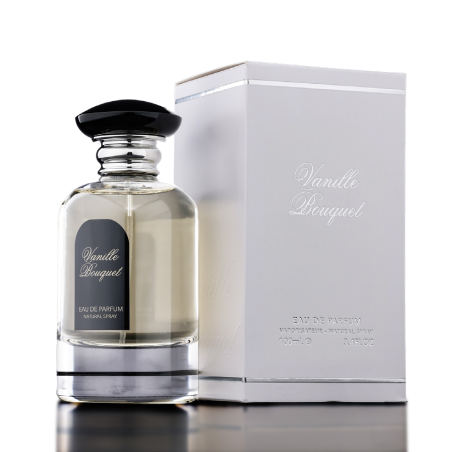 Fragrance World Vanille Bouquet EDP 100 ml — toode ja pakend; väga lähivõte; heledal taustal