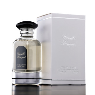 Fragrance World Vanille Bouquet EDP 100 ml — toode ja pakend; väga lähivõte; heledal taustal