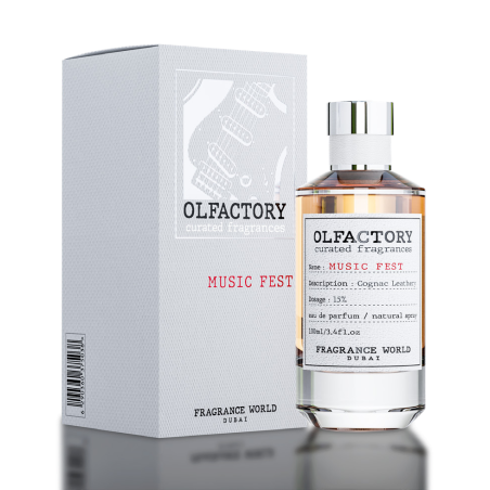 Fragrance World Olfactory Music Fest EDP 100 ml — toode ja pakend; väga lähivõte; tumedal taustal