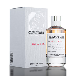 Fragrance World Olfactory Music Fest EDP 100 ml — toode ja pakend; väga lähivõte; tumedal taustal