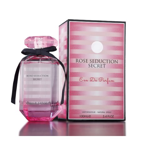 Fragrance World Rose Seduction Secret EDP 100 ml — товар и упаковка; очень крупный план; на белом фоне