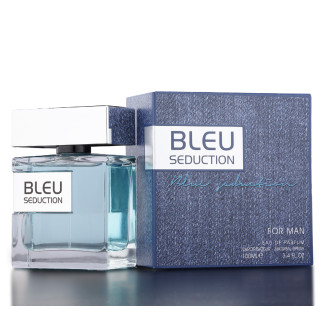 Fragrance World Bleu Seduction EDP 100 ml — toode ja pakend; lähivaade; valgel taustal