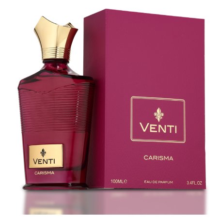 Fragrance World Venti Carisma EDP 100 ml — toode ja pakend; väga lähivõte; valgel taustal; lähim kadreering