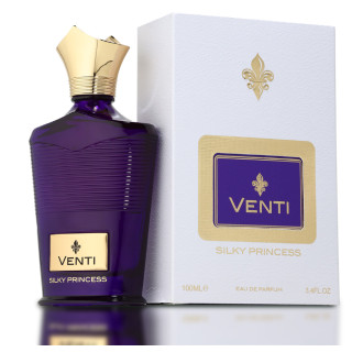 Fragrance World Venti Silky Princess EDP 100 ml — toode ja pakend; lähivaade; valgel taustal; lähim kadreering