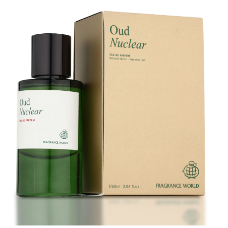 Fragrance World Oud Nuclear EDP 60 ml — товар и упаковка; очень крупный план; информационная графика товара