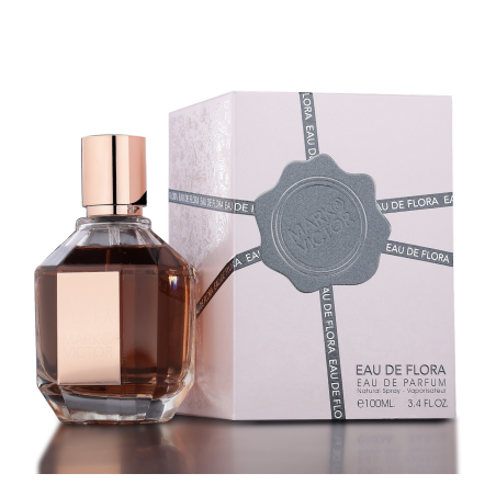 Fragrance World EAU de Flora Mark Victor EDP 100 ml — товар и упаковка; очень крупный план; на белом фоне