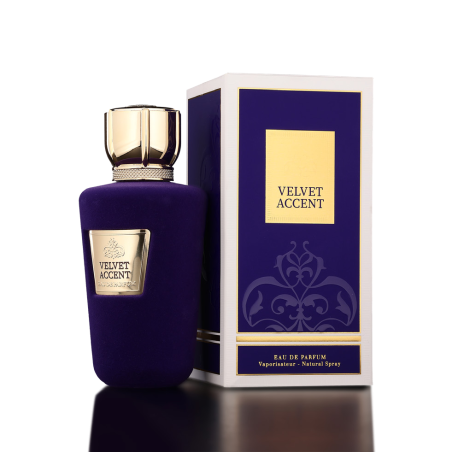 Fragrance World Velvet Accent EDP 100 ml — produktas ir pakuotė; artimas vaizdas; tamsiame fone