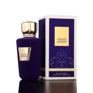 Fragrance World Velvet Accent EDP 100 ml — produktas ir pakuotė; artimas vaizdas; tamsiame fone