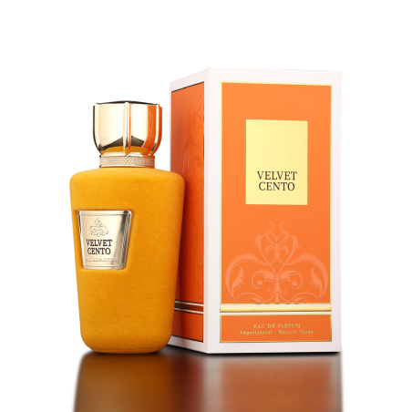 Fragrance World Velvet Cento EDP 100 ml — toode ja pakend; lähivaade; tumedal taustal