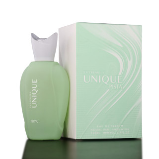 Fragrance World Extremely Unique Pista EDP 100 ml — товар и упаковка; очень крупный план; на тёмном фоне